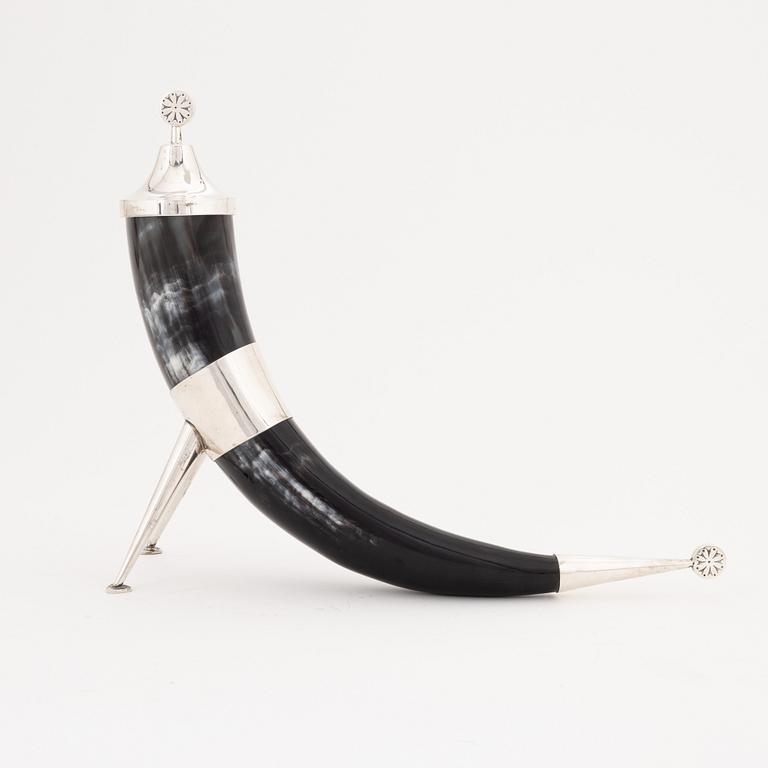 A Norwegian silver and horn drinking horn, 20th Century.