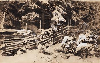 99. Bruno Liljefors, Winter scene with hunter and fox by fence.