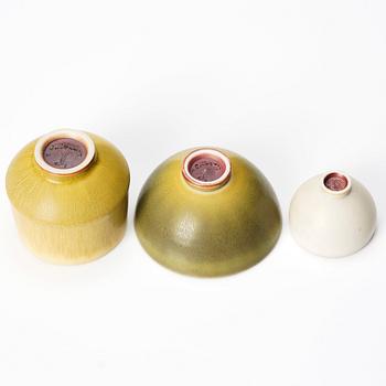 Berndt Friberg, a set of 5 stoneware miniature vases and 3 bowls, Gustavsberg studio, Sweden 1957-66.