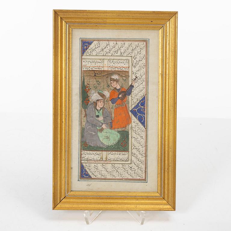 Manuskriptsidor/målningar, tre stycken, Persien/Iran, sen Qajardynasti / 1900-talets första del.