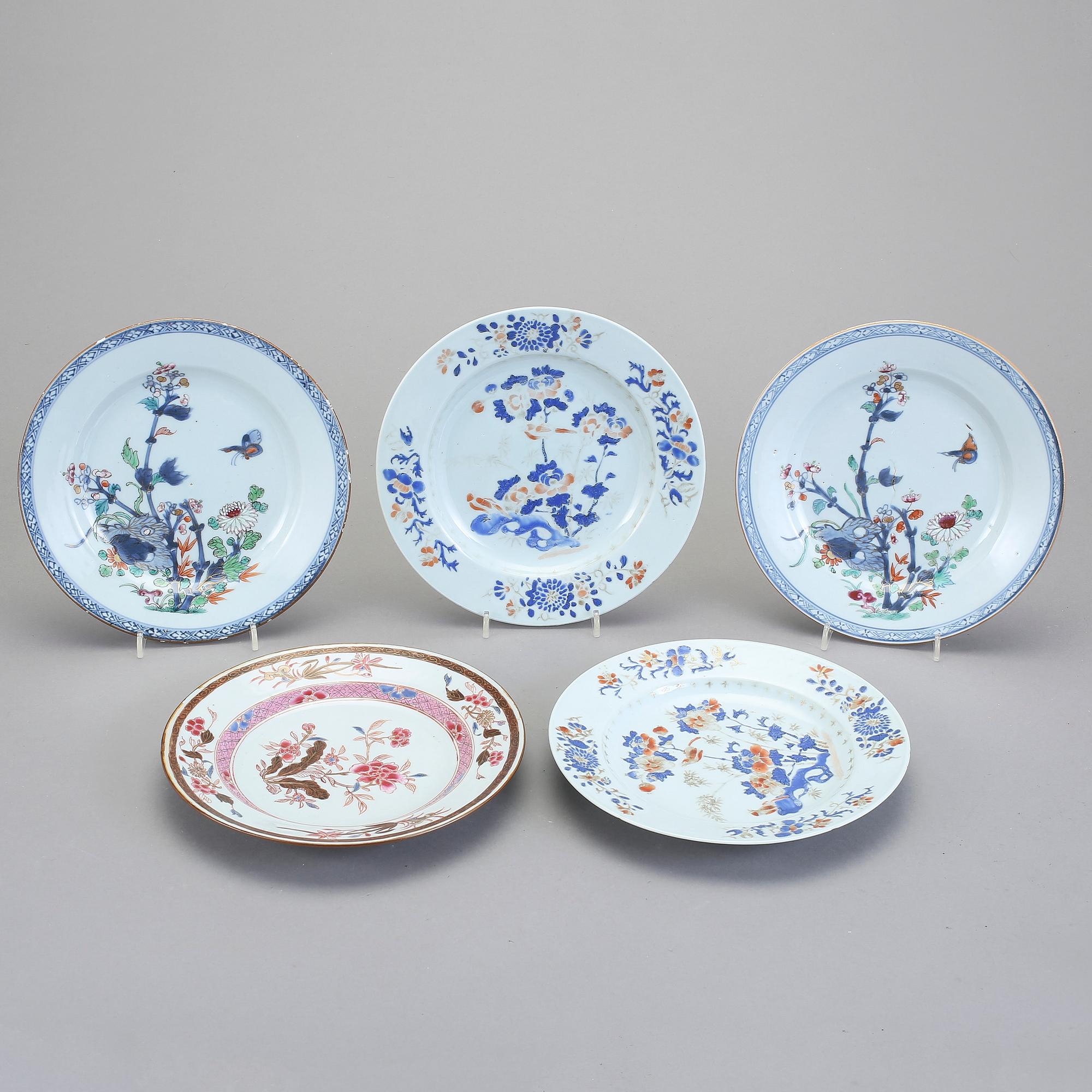 TALLRIKAR, 5 st, porslin, Kina, 1700-tal.