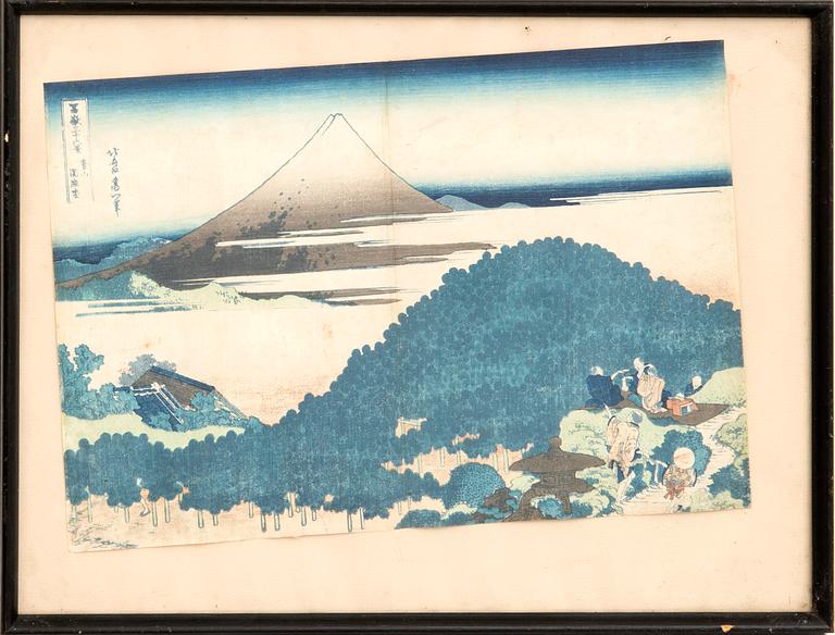 Katsushika Hokusai och Keisai Eisen, efter, färgträsnitt, 2st, Japan, 1900-tal.