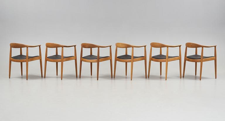 A set of six Hans J Wegner oak 'The Chair', Johannes Hansen, Denmark.
