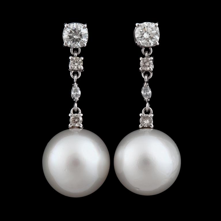 A pair of cultured South sea pearl and circa 1.90 cts diamond earrings.