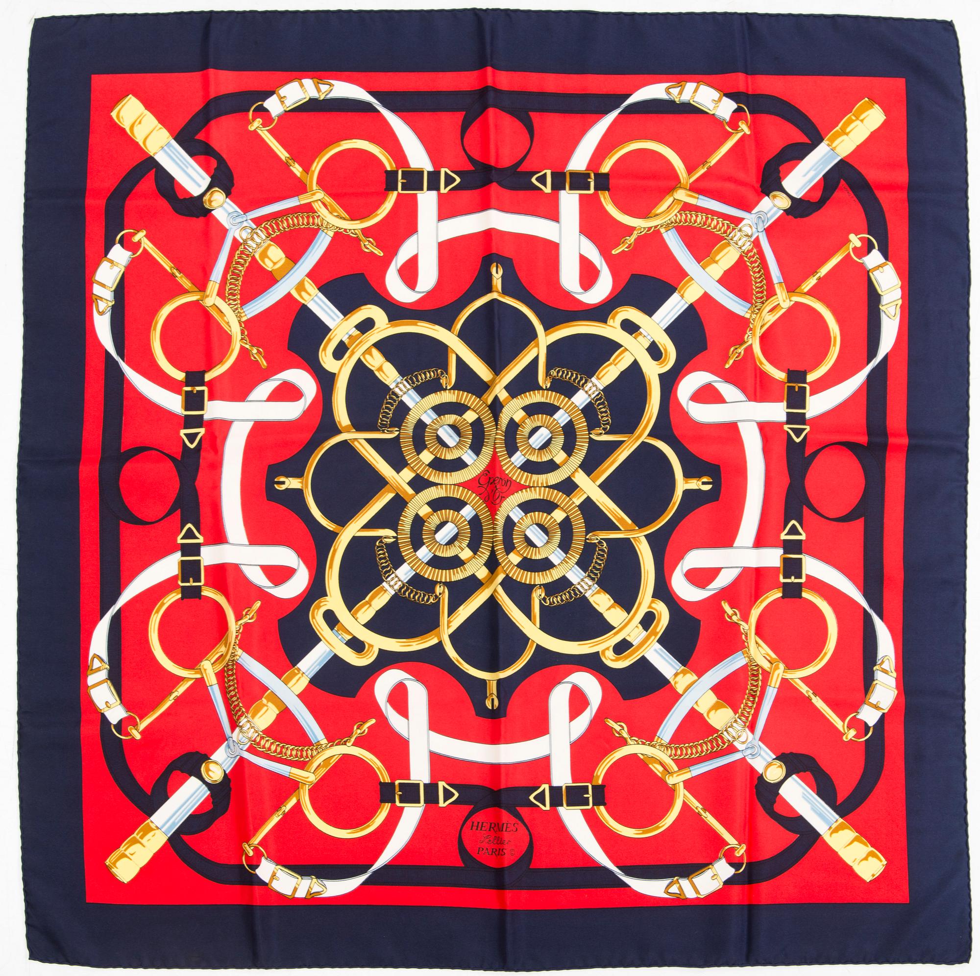 Hermès, "Eperon d'Or" silk scarf.