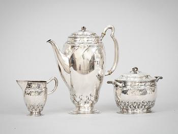 KAFFESERVIS, 3 delar, silver,  A. Nilsson, Lund. 1908. Tot vikt 934 g.