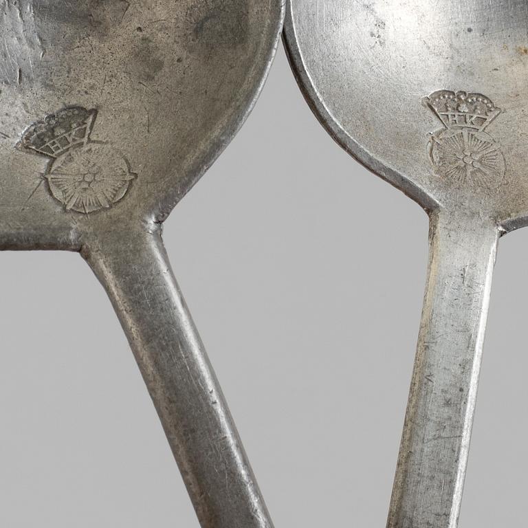 TWO 19TH CENTURY PEWTER SPOONS.