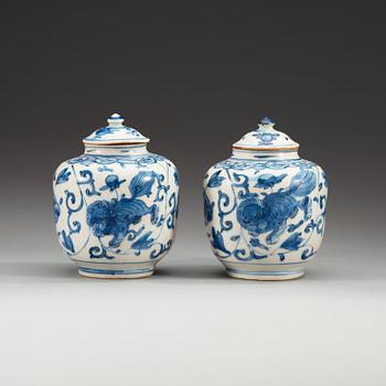 1680. Two blue and white jars with covers, Ming dynasty, 16th Century.