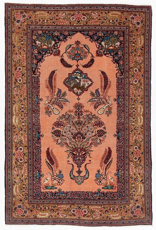 A semi-antique pictoral Kashan rug, part silk, c 207 x 134 cm.