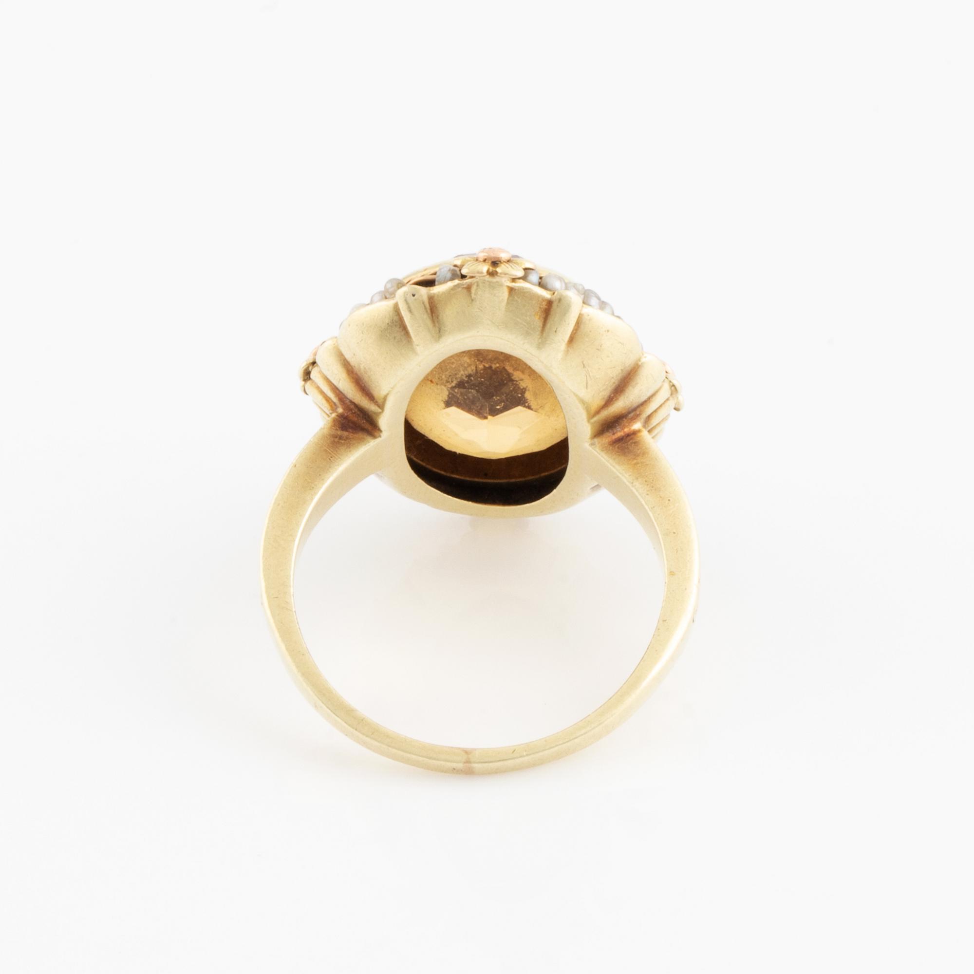 14K gold, citrine and seed pearl ring.