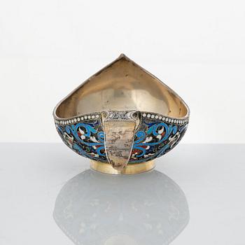 A Russian silver-gilt and cloisonné enameled kovsh, unidentified makers mark, St. Petersburg 1899-1908.