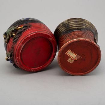 Two pottery jars with covers, a bowl and cup, Japan, Sumida Gawa, Meiji (1868-1912).