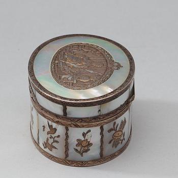 A French 18th century mother of pearl,tortoiseshell and silver snuff-box, marked Paris 1769.