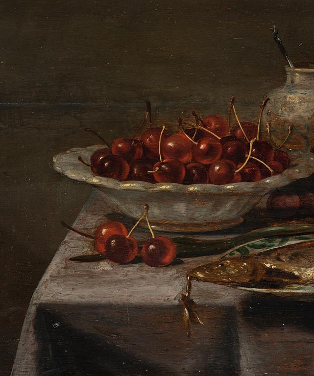 Vincent Laurensz. van der Vinne, Still life with fish, ham, bread, cherries, and glass.