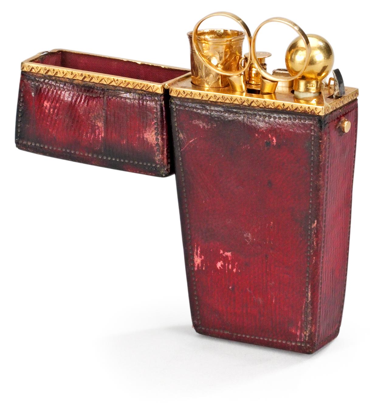 A 19th cent small gold and leather sew case, marks of Jöns P. Möller, Helsingborg 1807-31.