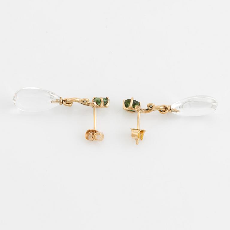 Pear shaped rock crystal, green tourmaline and eight cut diamond earrings.