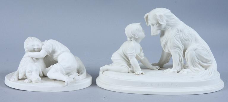 FIGURINER, 2 st, parian, "Kan du inte tala" 1907 samt "Hund med gosse", 1891, Gustafsberg.