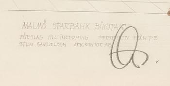 STEN SAMUELSON, arkitektskiss, akvarell, signerad.
