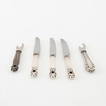 Johan Rohde, knivar 23 st + kapsylöppnare sterlingsilver  "Konge/Acorn" för Georg Jensen Danmark 1900-talets första hälft.