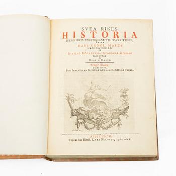 Books, four volumes,'Svea Rikes Historia', Olof Dalin, Lars Salvius, Stockholm, 1747-62.