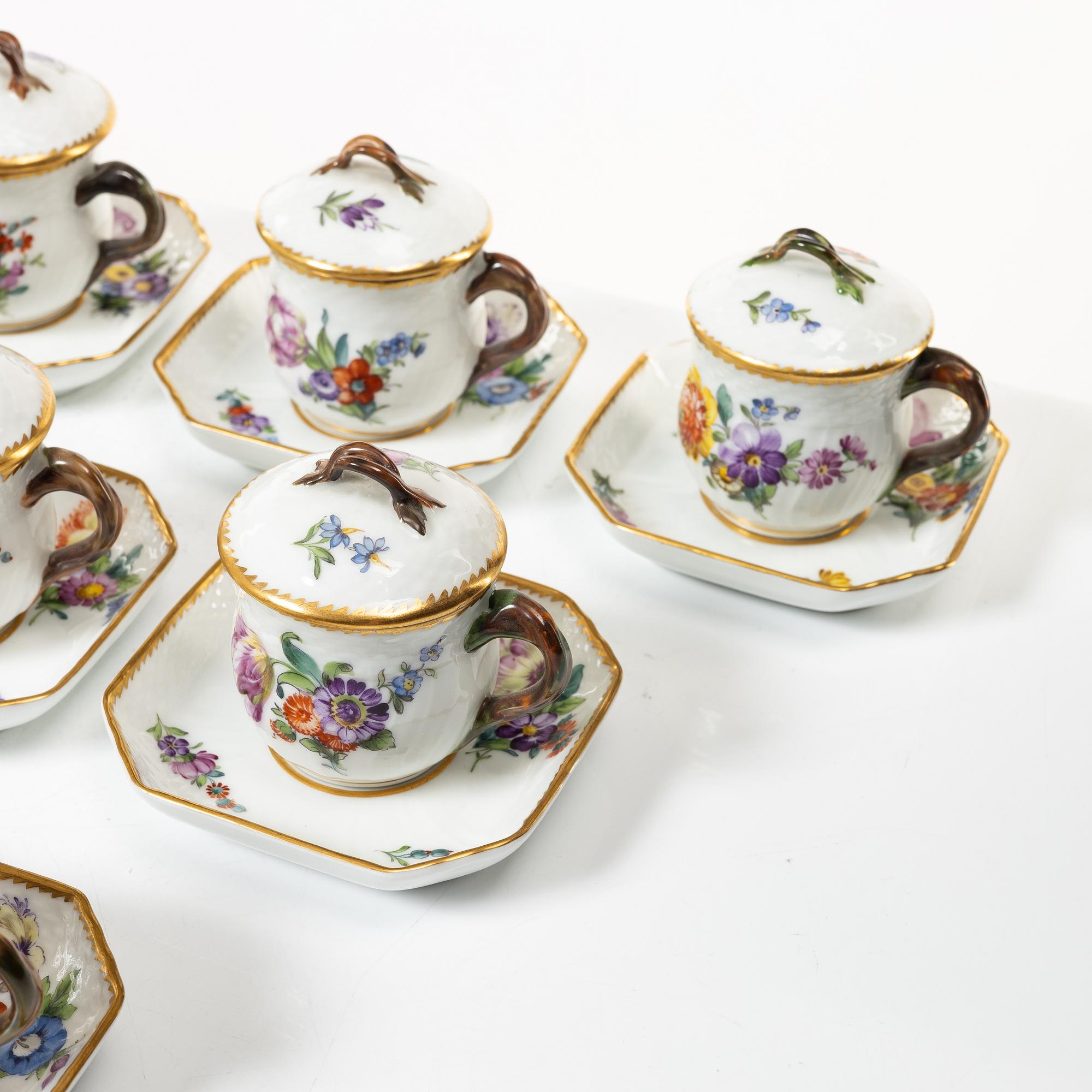 Royal Copenhagen, twelve cream cups with saucers, 'Saxon Flower', Denmark, 1923-34.