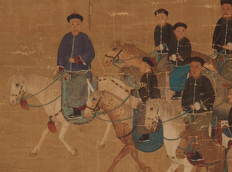 A large hand scroll of an imperial hunting part, Qing dynasty.
