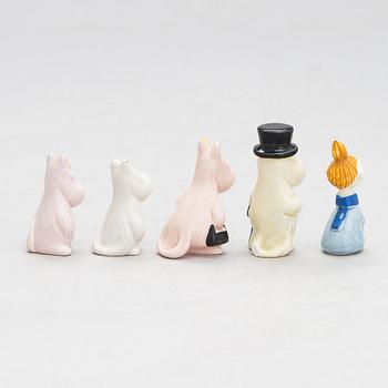 Leo Tykkyläinen, five 1950s ceramic Moomin figurines, Finland.