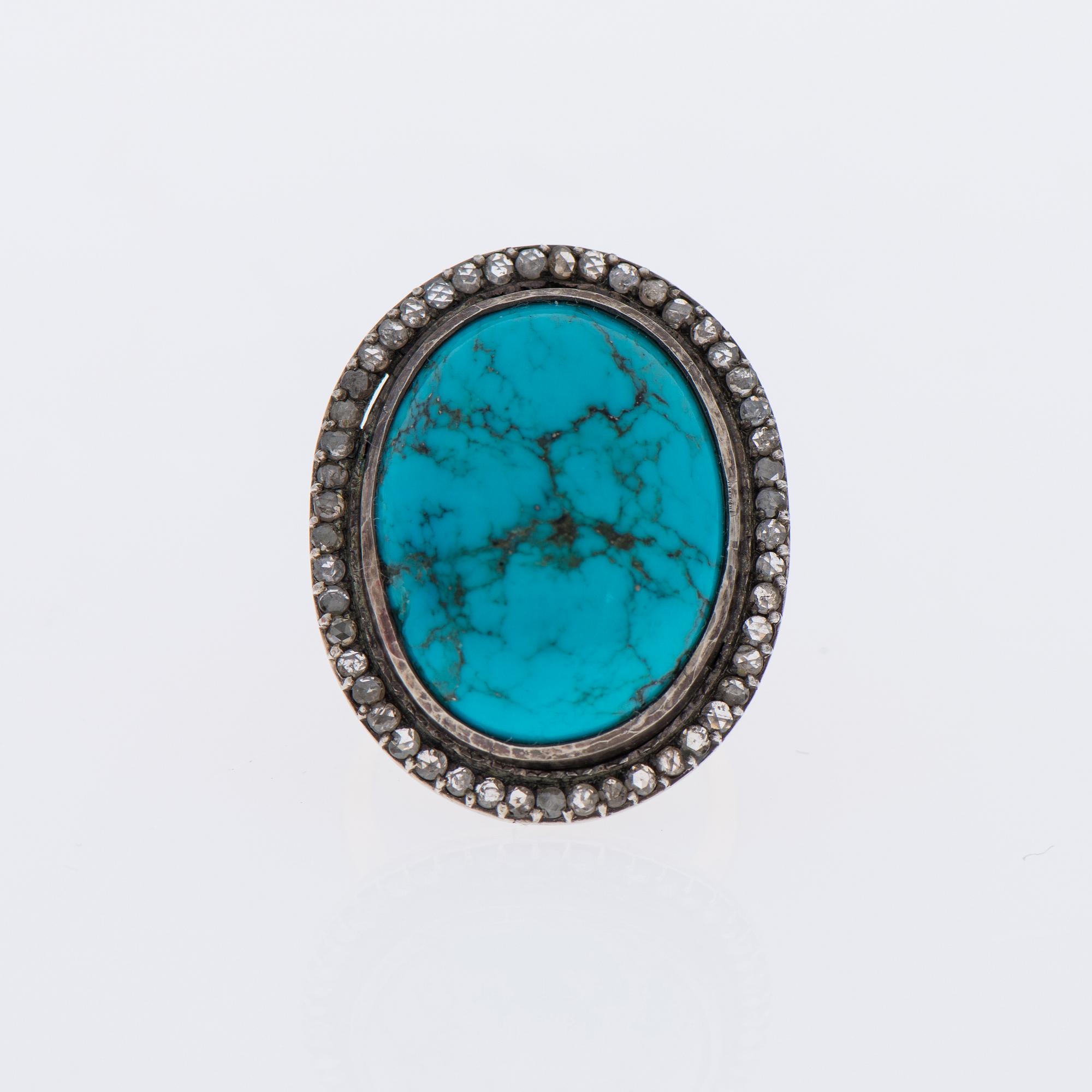 RING, guld (56), turkos ca 40 ct, rosenslipade diamanter tot. ca 1,00 ct. Ryska stämplar.