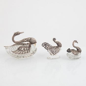 Salt cellar/table accessory, silver and glass, three pieces, mid-20th century.