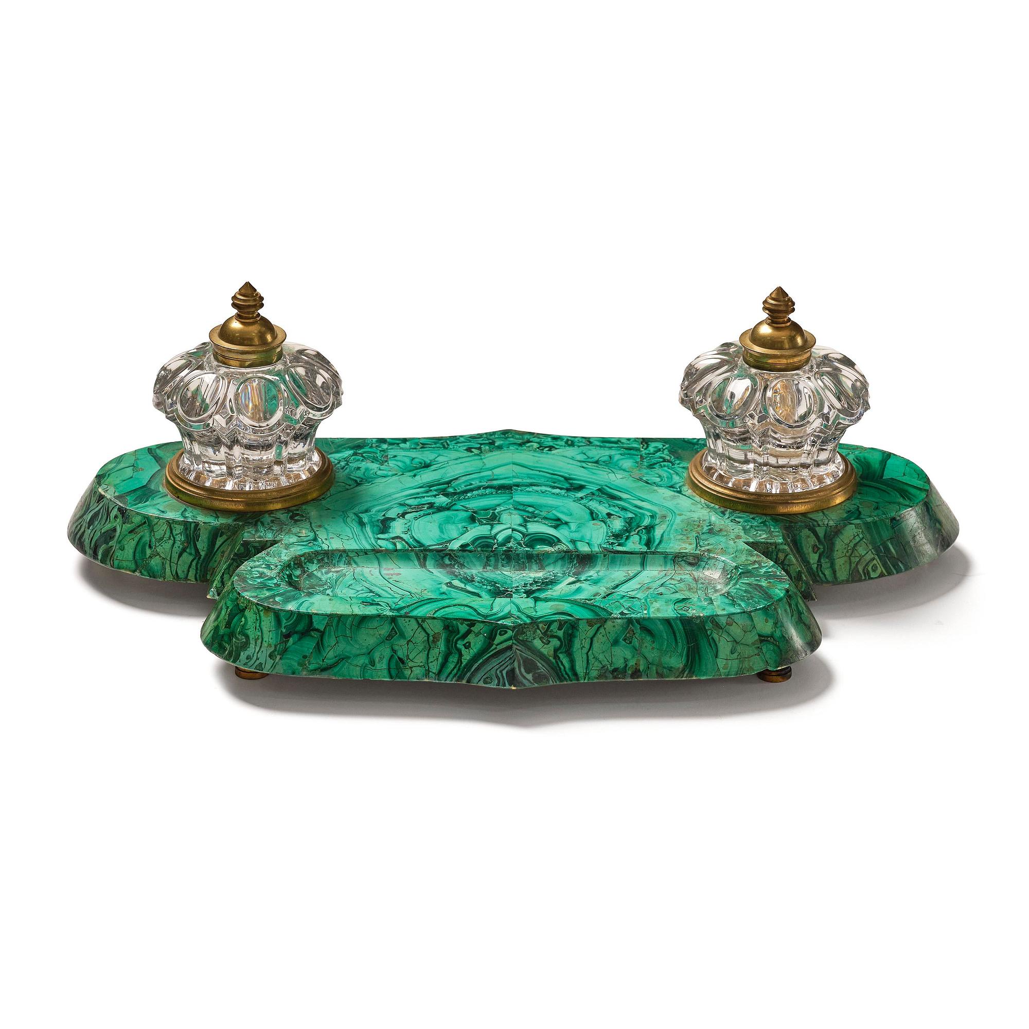 A Russian Alexander III malachite-veneered inkstand, late 19th century.