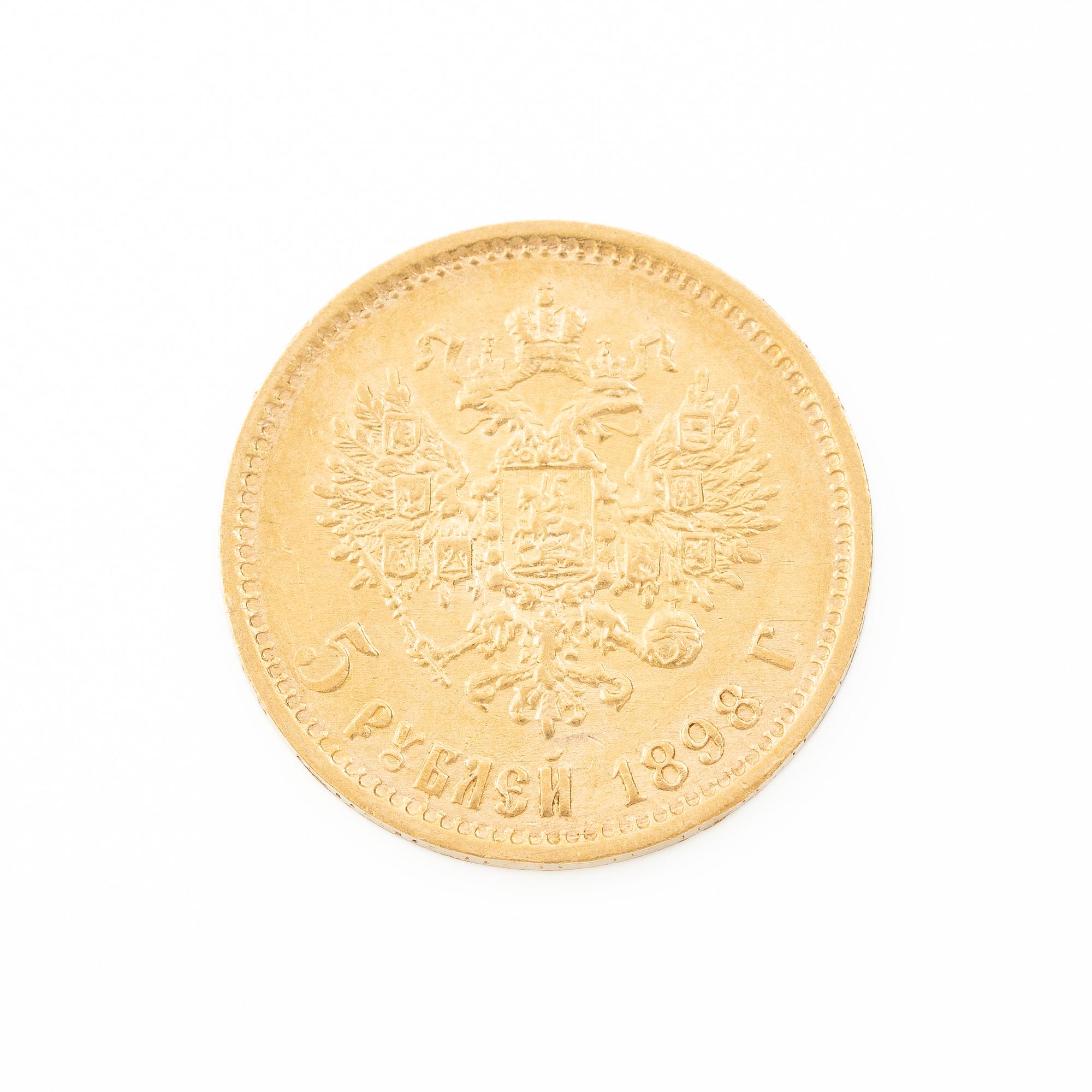 Gold coin, Nicholas II, Russia, 5 Rubles, 1898.