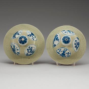 A set of two celadon glazed and blue and white jars, Qing dynasty, 18th Century.