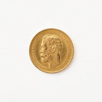 Gold coin, Nicholas II, Russia, 5 Rubles, 1901.