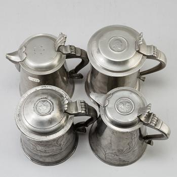 A Swedish pewter lidded porridge bowl , mark of Gustaf Silow (1848-75) and nine 19th century pewter tankards.