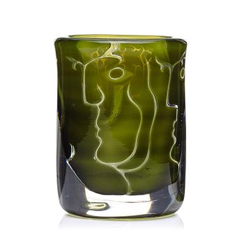 25. Ingeborg Lundin, a green ariel vase "ansikten" (faces), Orrefors, Swedem 1986.