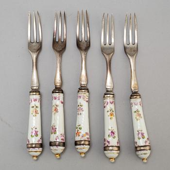 Five silver and porcelain forks, Austra/Hungary, 18th century.