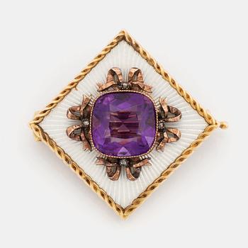 472. A Fabergé amethyst and enamel brooch set with rose-cut diamonds, St Petersburg 1899-1908.