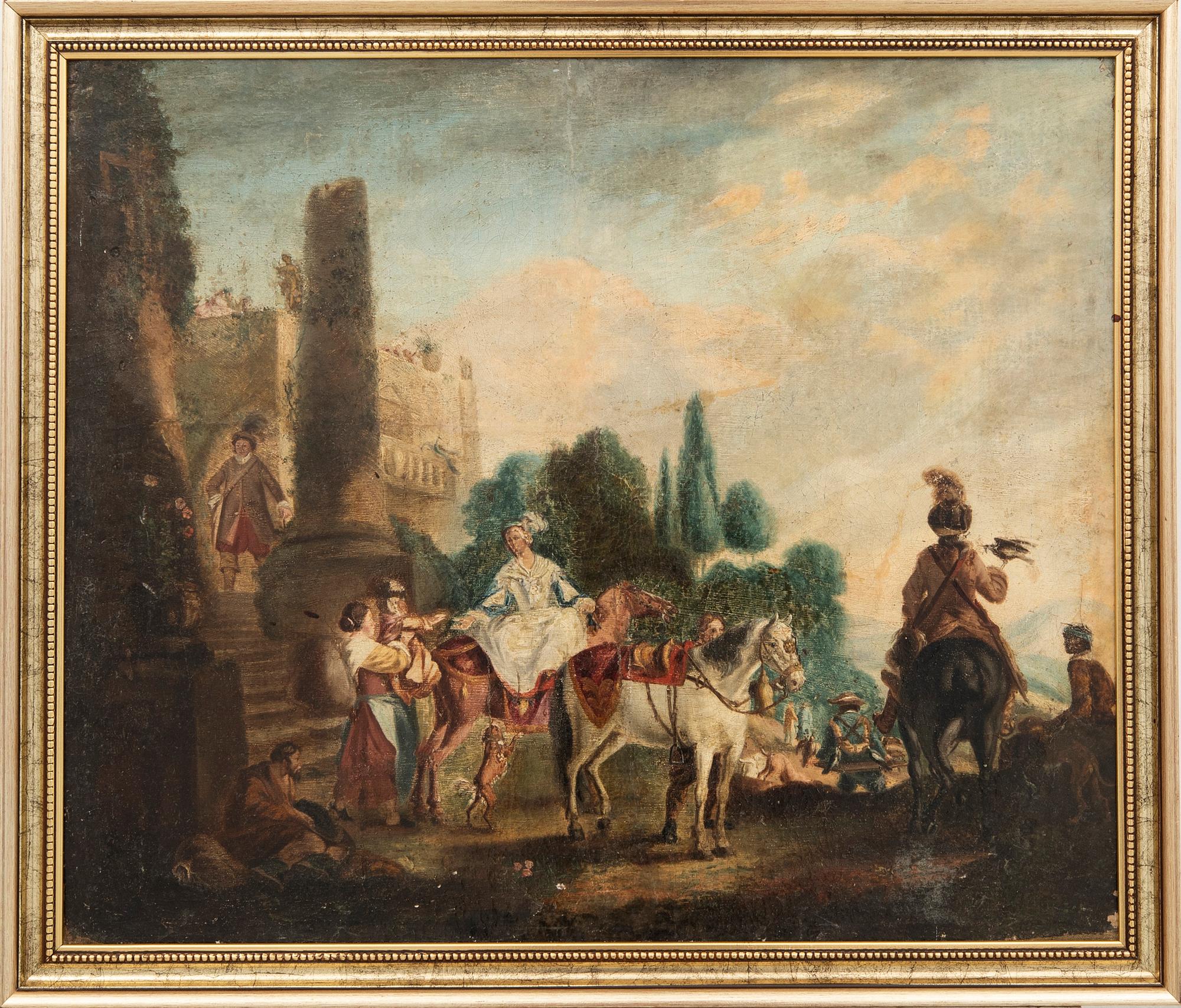 Okänd konstnär 1700-tal , nobelt sällskap med falkenerare.