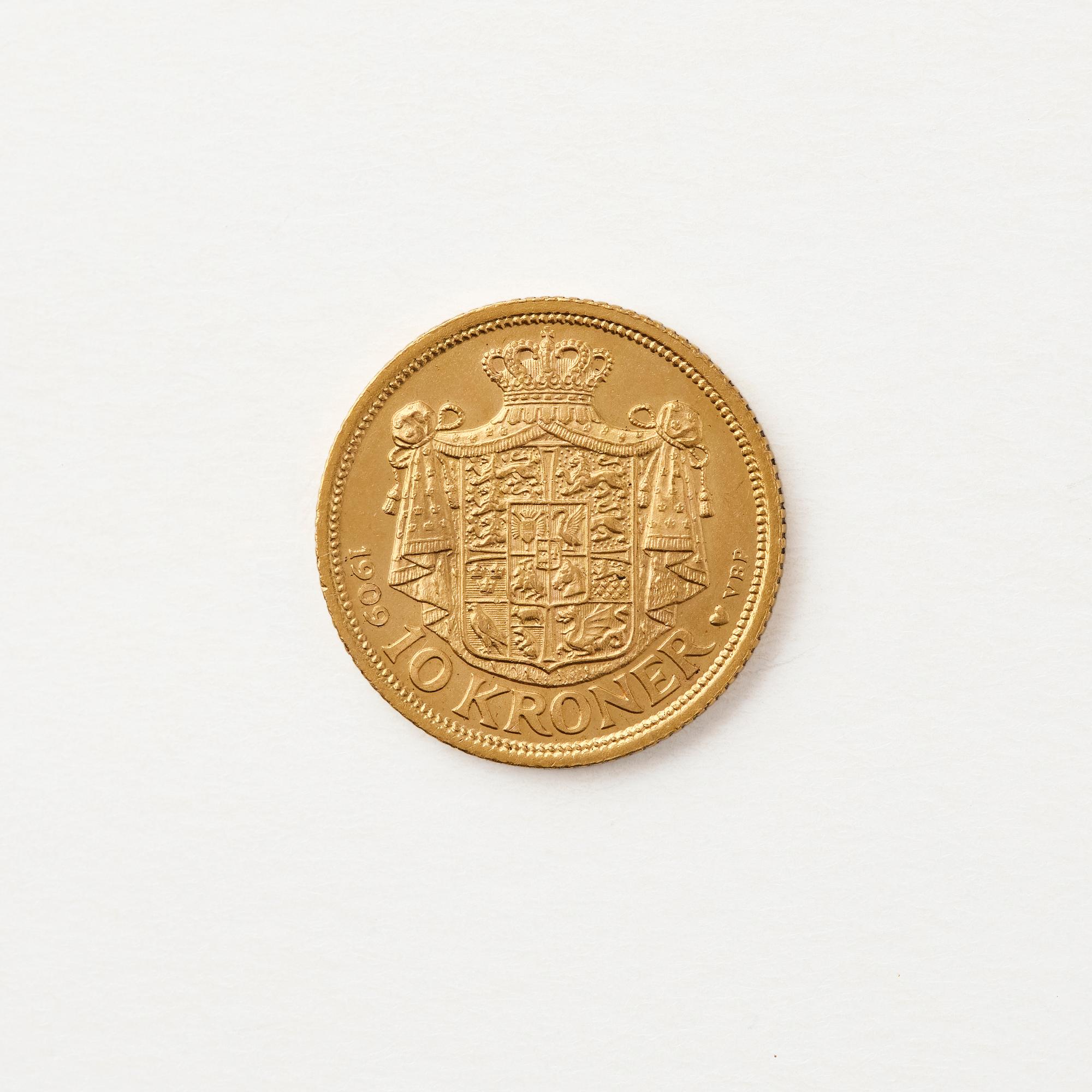 Gold coin, Frederik VIII, Denmark, 10 kroner, 1909.