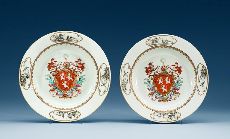 A pair of famille rose armorial soup dishes, Qing dynasty, Qianlong (1736-95) ca 1750.