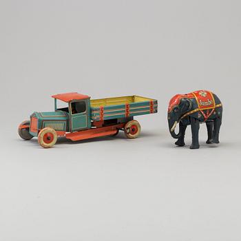 Two tin toys including "Jumbo" the elephant by BLOMER & SCHULER Germany and a car, mid 20th century.