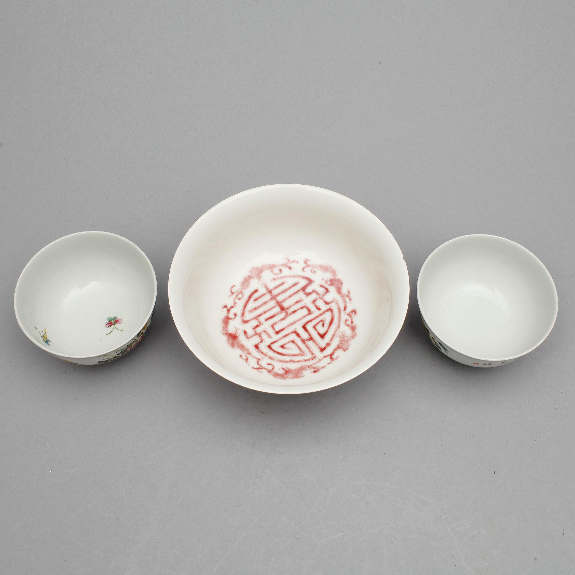 PARTI SKÅLAR, 3st, Kina, sent 1800-tal resp. modern tillverkning.