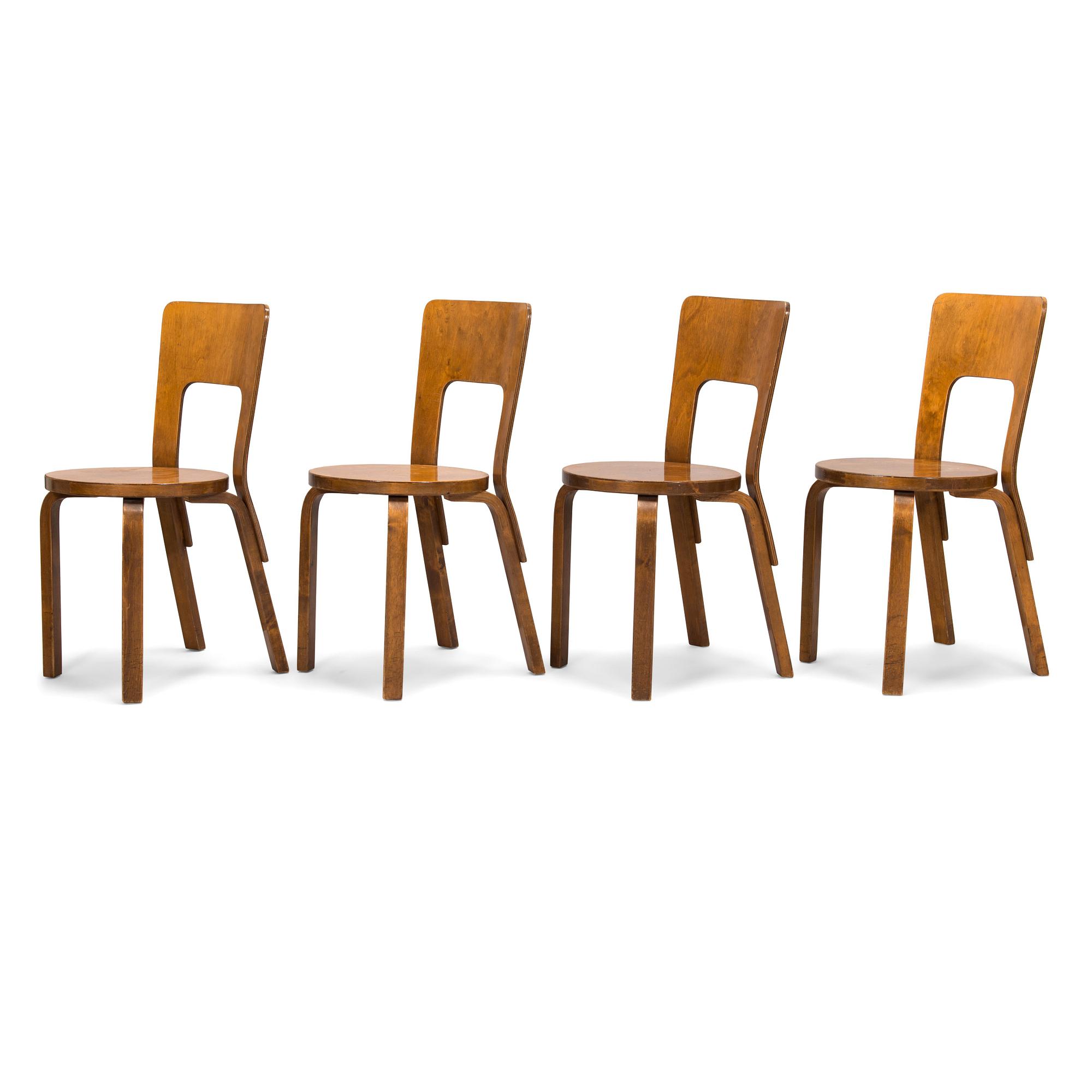 Alvar Aalto, four '66' chairs, O.Y. Huonekalu-ja Rakennustyötehdas A.B. Finland, 1930's/1940's.