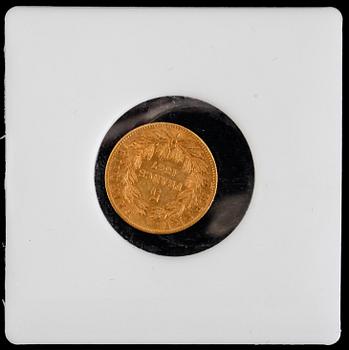 GULDMYNT, fem francs, Napoleon III, 1867. Vikt ca 1 gram.