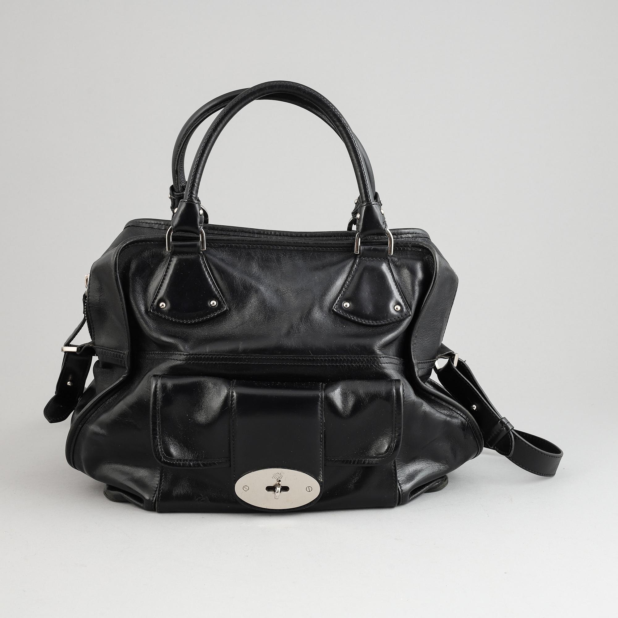 Mulberry, a black leather handbag.