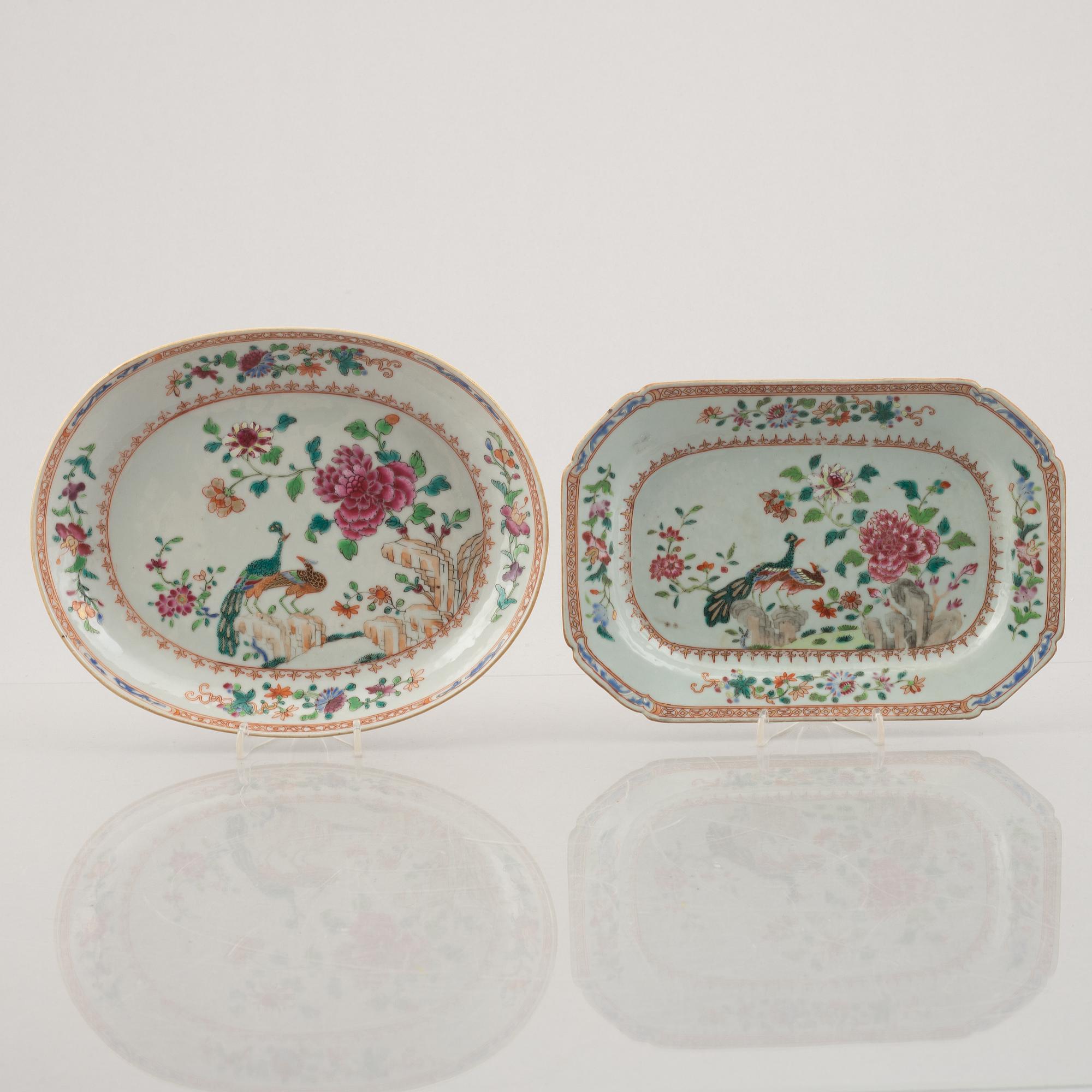 Two famille rose 'double peacock' dishes, Qing dynasty, Qianlong (1736-95).