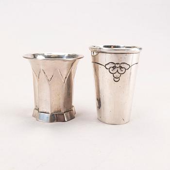 Six 20th century, miniature beakers, silver, makers of Georg Jensen, Lachmann and others.