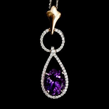 HÄNGE MED KEDJA, 18 k vit/gult guld, ametist 3.22 ct, briljantslipade diamanter tot 0.33 ct.