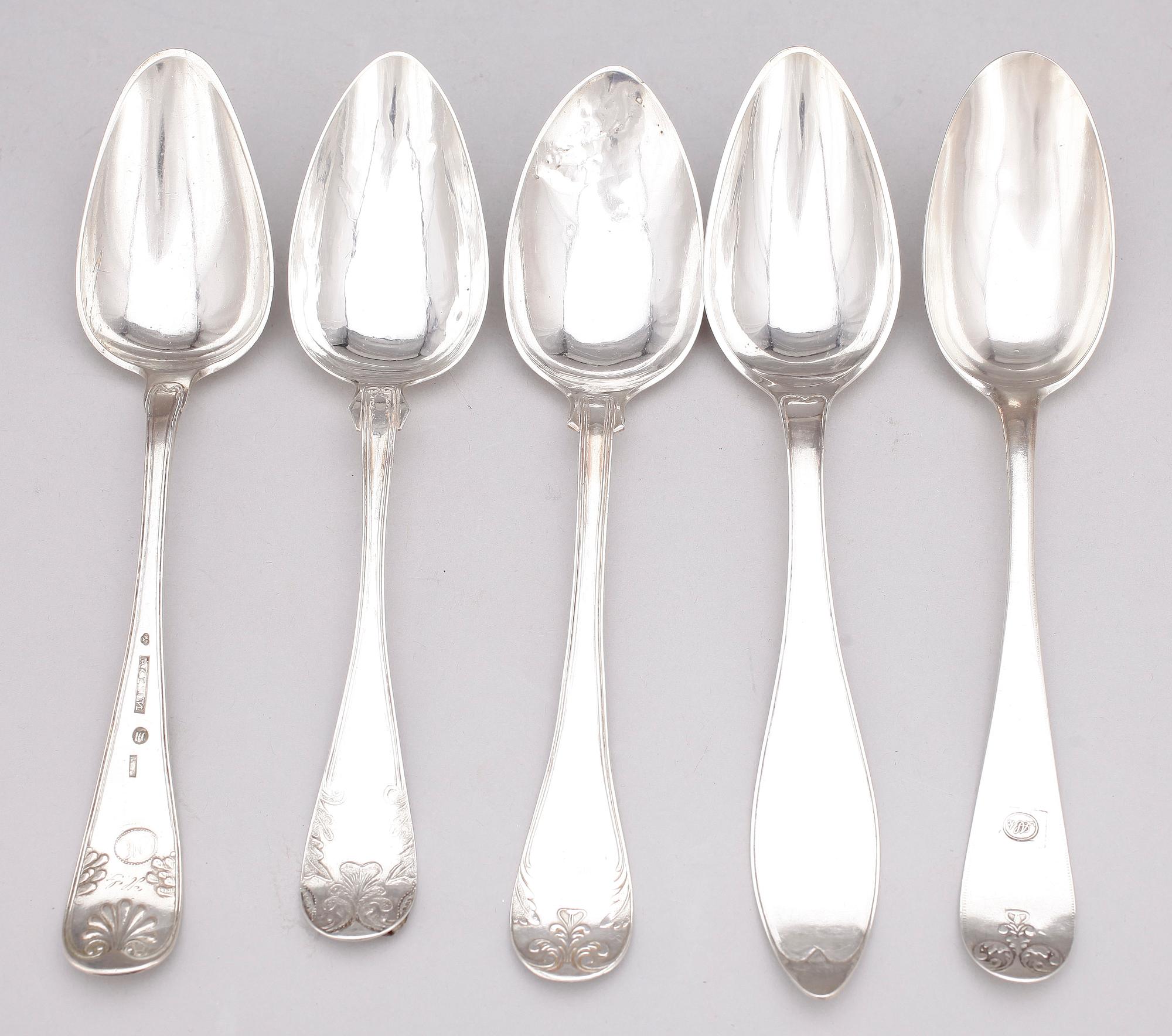 MATSKEDAR, 5 st, silver, bl a från Södertälje av Oscar Ahlström 1848. 1700 och 1800-tal.  Totalvikt ca 257g.