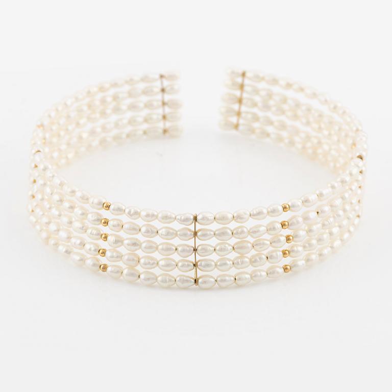 Five-row collar/choker with cultured freshwater pearls and 14K gold beads.